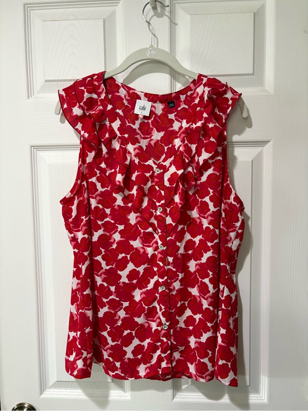 CAbi Red and White Floral Ruffle Button-Front Sleeveless Blouse